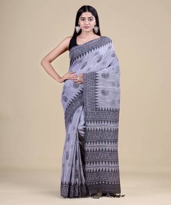 GREY & BLACK   HANDLOOM  Hand Woven Silk  Jamdani Saree. 1