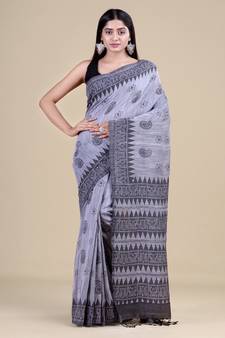 GREY & BLACK   HANDLOOM  Hand Woven Silk  Jamdani Saree.