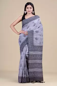 GREY & BLACK   HANDLOOM  Hand Woven Silk  Jamdani Saree.