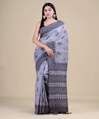 GREY & BLACK   HANDLOOM  Hand Woven Silk  Jamdani Saree. 5