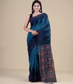 DEEP GREEN ,GREY & BLACK   HANDLOOM  Hand Woven Silk Tant Jamdani Saree.