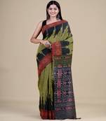 OLIVE GREEN & GREY   HANDLOOM  Hand Woven Silk  Jamdani Saree.