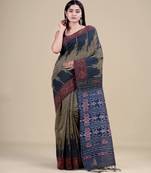 PISTA GREEN & GREY   HANDLOOM  Hand Woven Silk Tant Jamdani Saree.