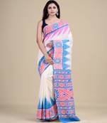 WHITE,PINK & BLUE   HANDLOOM  Hand Woven Silk  Jamdani Saree.