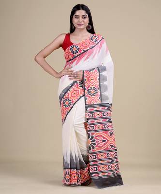 WHITE,RED & BLACK   HANDLOOM  Hand Woven Silk Tant Jamdani Saree. 1