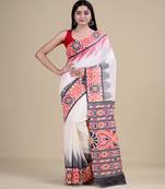 WHITE,RED & BLACK   HANDLOOM  Hand Woven Silk Tant Jamdani Saree.