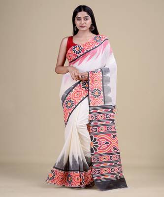 WHITE,RED & BLACK   HANDLOOM  Hand Woven Silk Tant Jamdani Saree. 5