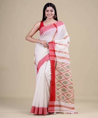 WHITE & RED  HANDLOOM  Hand Woven Silk Tant Jamdani Saree. 1