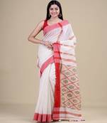 WHITE & RED  HANDLOOM  Hand Woven Silk Tant Jamdani Saree.