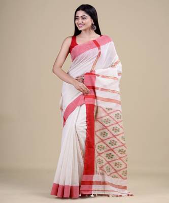 WHITE & RED  HANDLOOM  Hand Woven Silk Tant Jamdani Saree. 5
