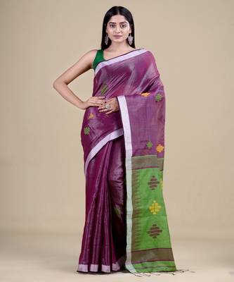 PURPLE & GREEN  HANDLOOM Hand Woven Tissue Jamdani Silk   Saree. 1
