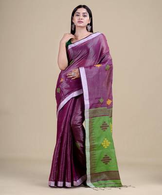 PURPLE & GREEN  HANDLOOM Hand Woven Tissue Jamdani Silk   Saree. 5