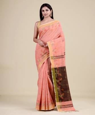 PEACH & BLACK  HANDLOOM Hand Woven Tissue Jamdani Silk   Saree. 1