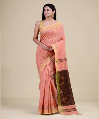 PEACH & BLACK  HANDLOOM Hand Woven Tissue Jamdani Silk   Saree. 5