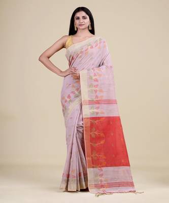 OFF-WHITE & RED  HANDLOOM Hand Woven Tissue Jamdani Silk   Saree. 1