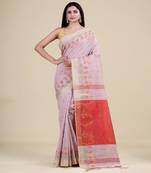 OFF-WHITE & RED  HANDLOOM Hand Woven Tissue Jamdani Silk   Saree.