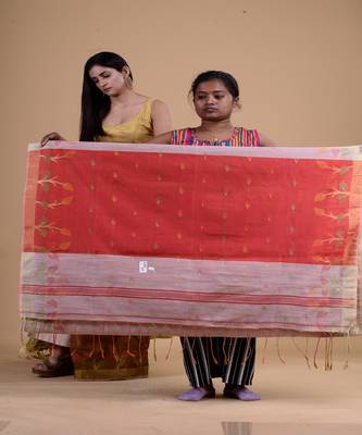 OFF-WHITE & RED  HANDLOOM Hand Woven Tissue Jamdani Silk   Saree. 2