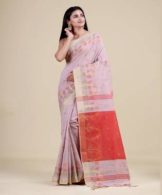 OFF-WHITE & RED  HANDLOOM Hand Woven Tissue Jamdani Silk   Saree. 5