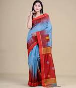 SKY BLUE & RED  HANDLOOM  Hand Woven Silk  Jamdani Saree.