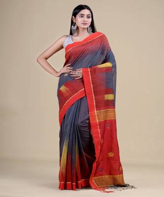 GREY & RED  HANDLOOM  Hand Woven Silk Tant Jamdani Saree. 1