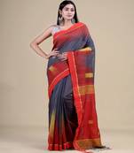 GREY & RED  HANDLOOM  Hand Woven Silk Tant Jamdani Saree.