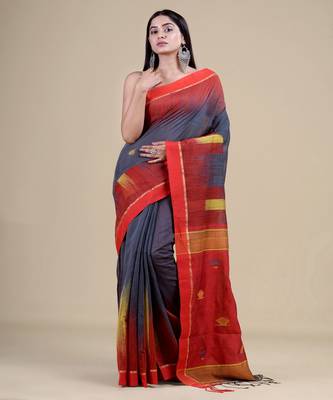 GREY & RED  HANDLOOM  Hand Woven Silk Tant Jamdani Saree. 5