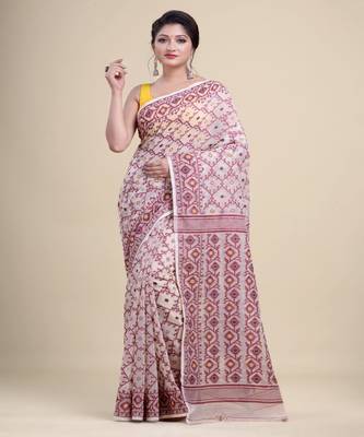 OFF-WHITE & MAROON DHAKAI JAMDANI  Hand Woven cotton silk  Handloom Saree. 1