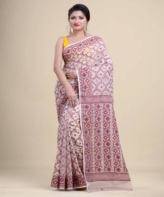 OFF-WHITE & MAROON DHAKAI JAMDANI  Hand Woven cotton silk  Handloom Saree. 3