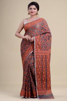 Grey & Orange Dhakai Jamdani Hand Woven Cotton Silk Handloom Saree. Without Blouse