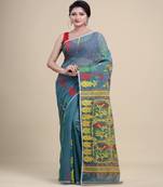Green & Yellow Dhakai Jamdani Hand Woven Cotton Silk Handloom Saree. Without Blouse