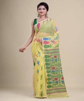 YELLOW & GREEN  DHAKAI JAMDANI  Hand Woven Cotton silk  Handloom   Saree. 1