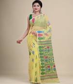YELLOW & GREEN  DHAKAI JAMDANI  Hand Woven Cotton silk  Handloom   Saree.