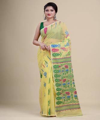 YELLOW & GREEN  DHAKAI JAMDANI  Hand Woven Cotton silk  Handloom   Saree. 3