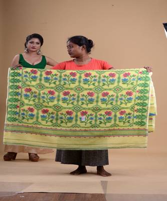 YELLOW & GREEN  DHAKAI JAMDANI  Hand Woven Cotton silk  Handloom   Saree. 4