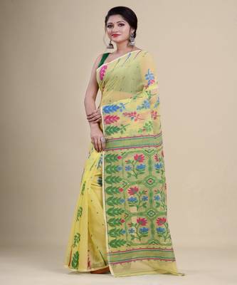 YELLOW & GREEN  DHAKAI JAMDANI  Hand Woven Cotton silk  Handloom   Saree. 5