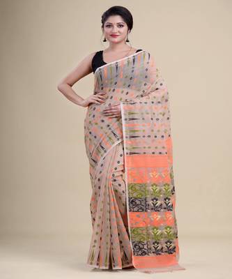 OFF-WHITE & MULTI  DHAKAI JAMDANI  Hand Woven Tant silk  Handloom   Saree. 1
