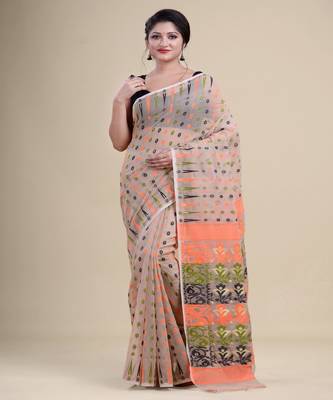 OFF-WHITE & MULTI  DHAKAI JAMDANI  Hand Woven Tant silk  Handloom   Saree. 3