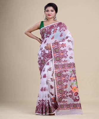 White,Maroon & Orange Dhakai Jamdani Hand Woven Cotton Silk Handloom Saree. Without Blouse 1
