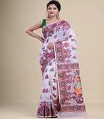 White,Maroon & Orange Dhakai Jamdani Hand Woven Cotton Silk Handloom Saree. Without Blouse