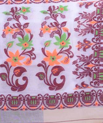 White,Maroon & Orange Dhakai Jamdani Hand Woven Cotton Silk Handloom Saree. Without Blouse 2