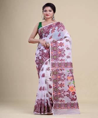 White,Maroon & Orange Dhakai Jamdani Hand Woven Cotton Silk Handloom Saree. Without Blouse 3