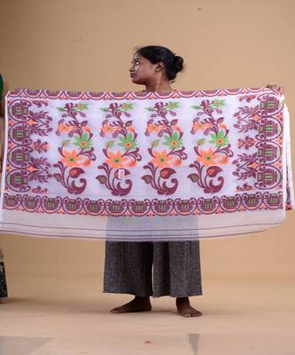 White,Maroon & Orange Dhakai Jamdani Hand Woven Cotton Silk Handloom Saree. Without Blouse 4