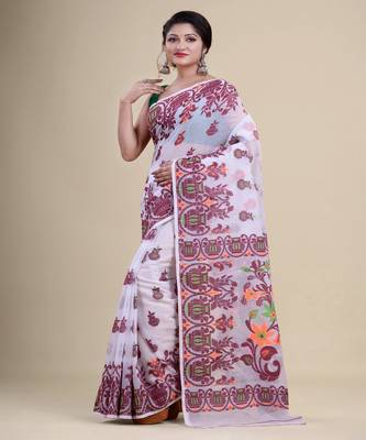 White,Maroon & Orange Dhakai Jamdani Hand Woven Cotton Silk Handloom Saree. Without Blouse 5