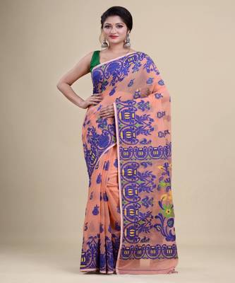 PEACH,BLUE & GREEN  DHAKAI JAMDANI  Hand Woven Cotton silk  Handloom   Saree. 1
