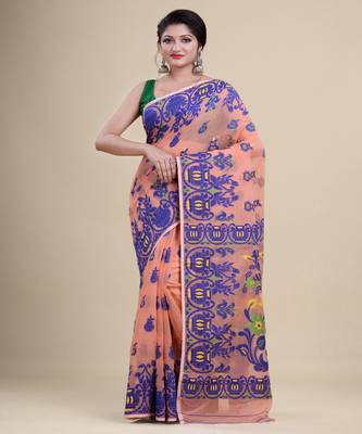 PEACH,BLUE & GREEN  DHAKAI JAMDANI  Hand Woven Cotton silk  Handloom   Saree. 3