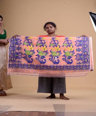 PEACH,BLUE & GREEN  DHAKAI JAMDANI  Hand Woven Cotton silk  Handloom   Saree. 4