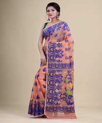 PEACH,BLUE & GREEN  DHAKAI JAMDANI  Hand Woven Cotton silk  Handloom   Saree. 5