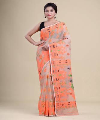 OFF-WHITE,ORANGE & GREEN  DHAKAI JAMDANI  Hand Woven Cotton silk  Handloom   Saree. 1
