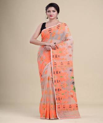 OFF-WHITE,ORANGE & GREEN  DHAKAI JAMDANI  Hand Woven Cotton silk  Handloom   Saree. 3
