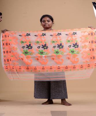 OFF-WHITE,ORANGE & GREEN  DHAKAI JAMDANI  Hand Woven Cotton silk  Handloom   Saree. 4